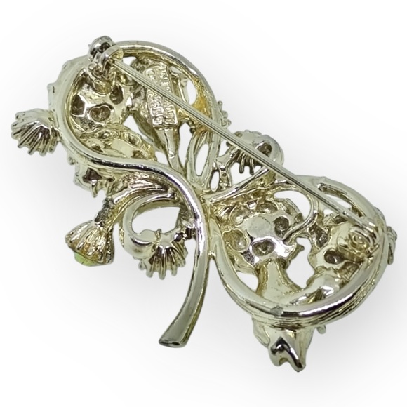 HOLLYCRAFT Vintage 1960s Green Aurora Borealis Rhinestone Floral Spray Brooch - Picture 7 of 8